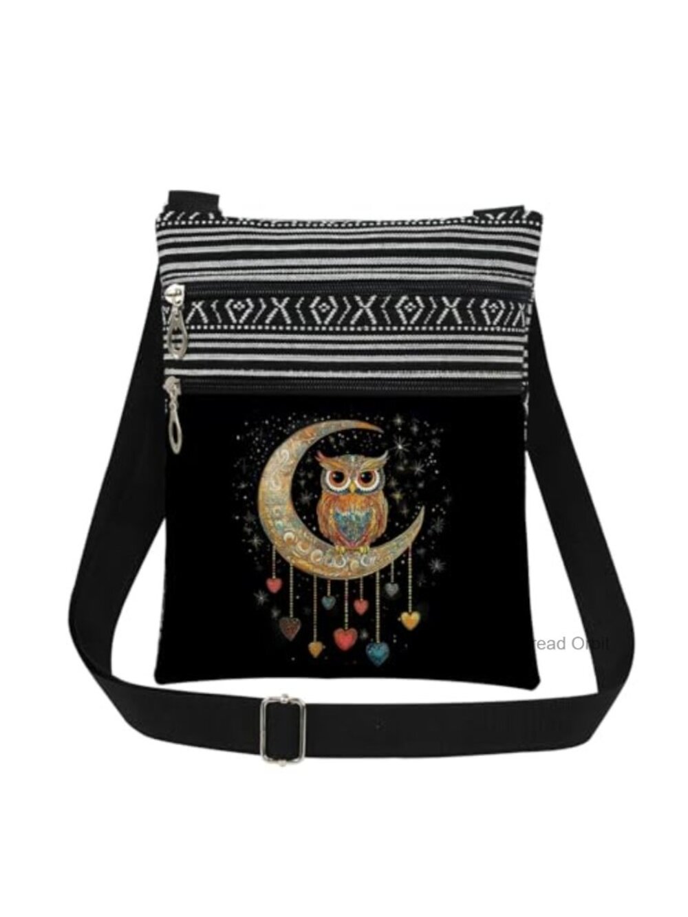 Women Crossbody Bag Polyester Owl Moon Adjustable Strap Double Zipper Purse
